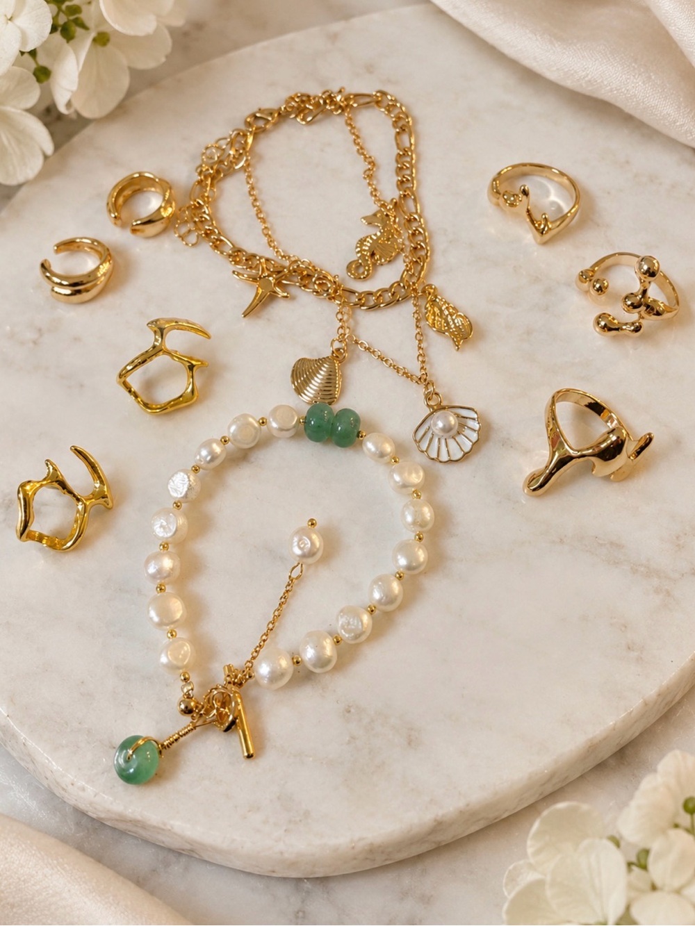 Gold themed jewelry-Pearl Chain Bracelet with Green Accent. Earrings. Ear cuffs.